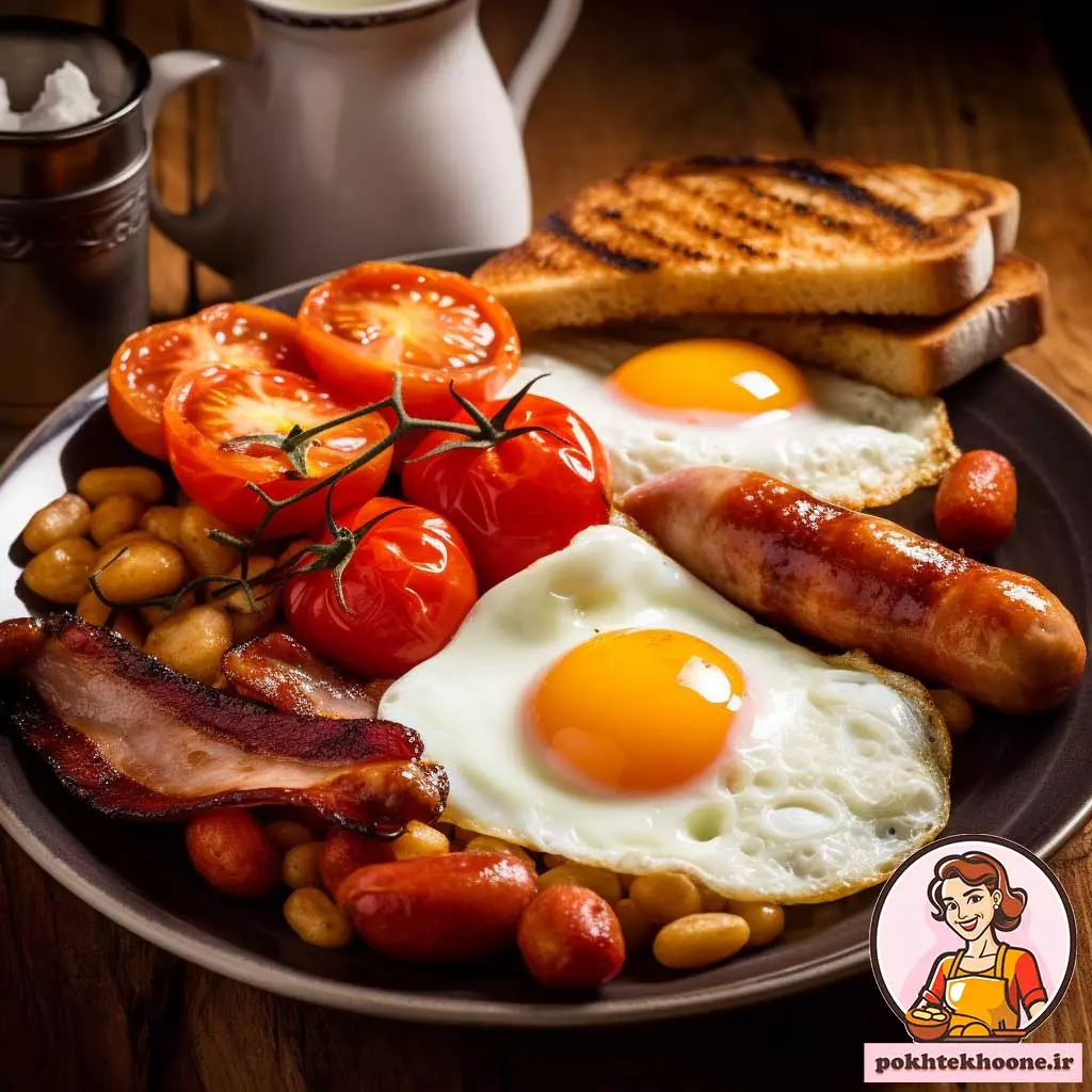 صبحانه انگلیسی کامل و وسوسه انگیز با بیکن و تخم مرغ و سوسیس و نان تست